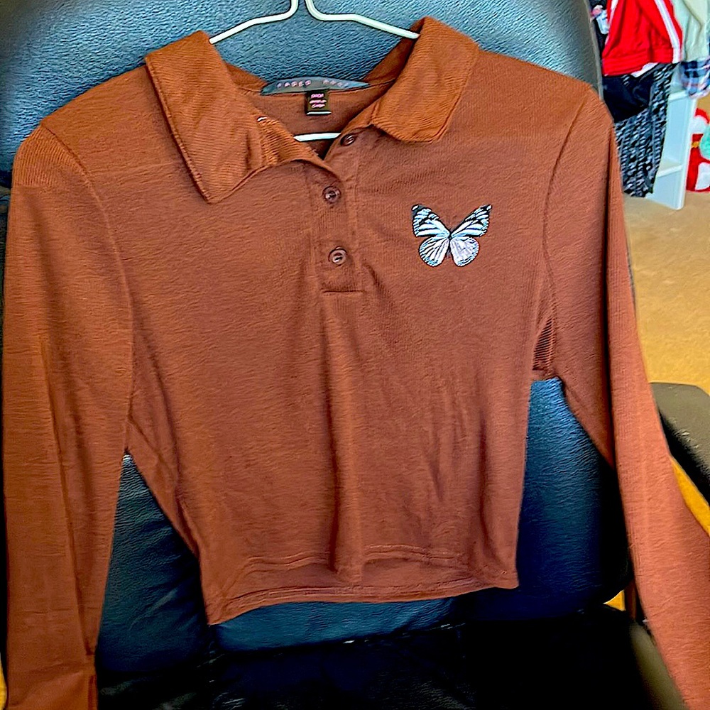 Medium Brown butterfly long sleeve crop top